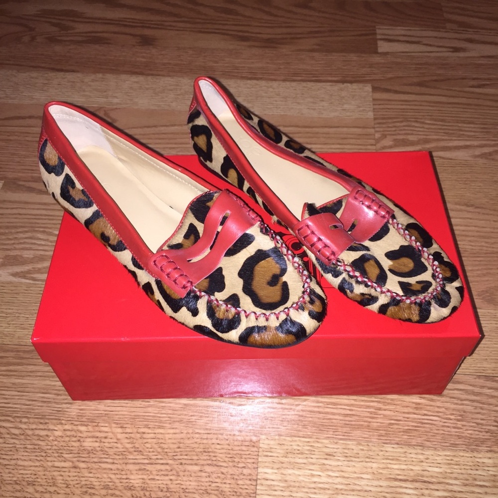 JOE FRESH Calfhair Animal Print & Red Loafers Sz.8